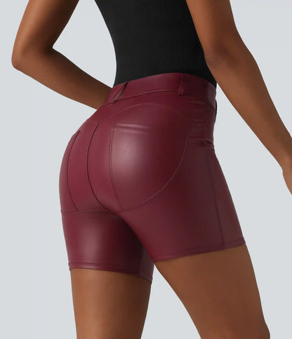 High Waisted Stretchy PU Casual Biker Shorts 5'' with Pockets