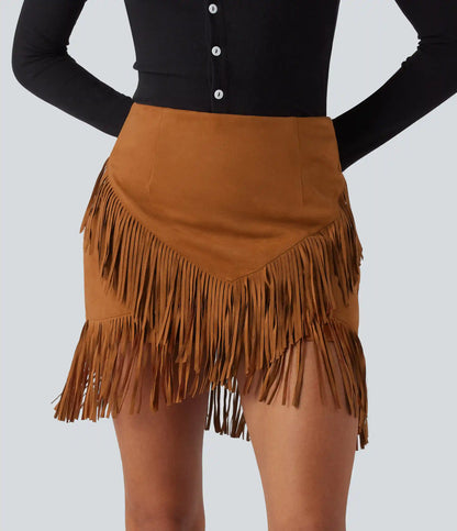 High Waisted 2-in-1 Fringe Hem Bodycon Mini Suede Casual Skirt