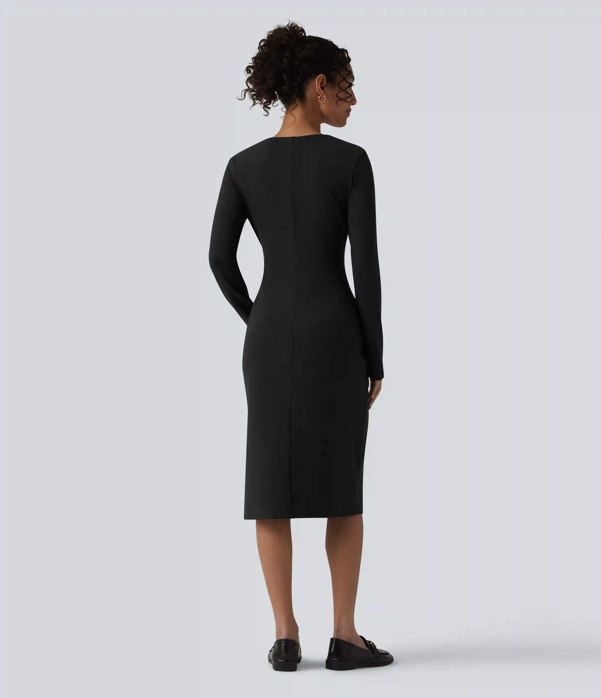 V-Neck Long Sleeve Ruched Split Midi Work Dress