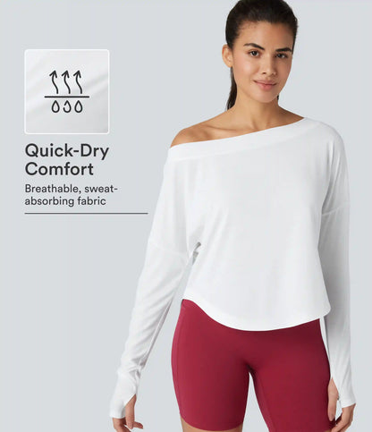 One Shoulder Long Sleeve Thumb Hole Curved Hem High Low Quick Dry Yoga Sports Top