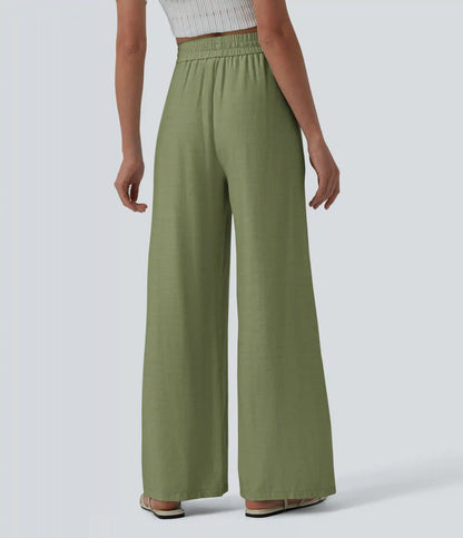 High Waisted Drawstring Wide Leg Casual Linen-Blend Pants with Pockets