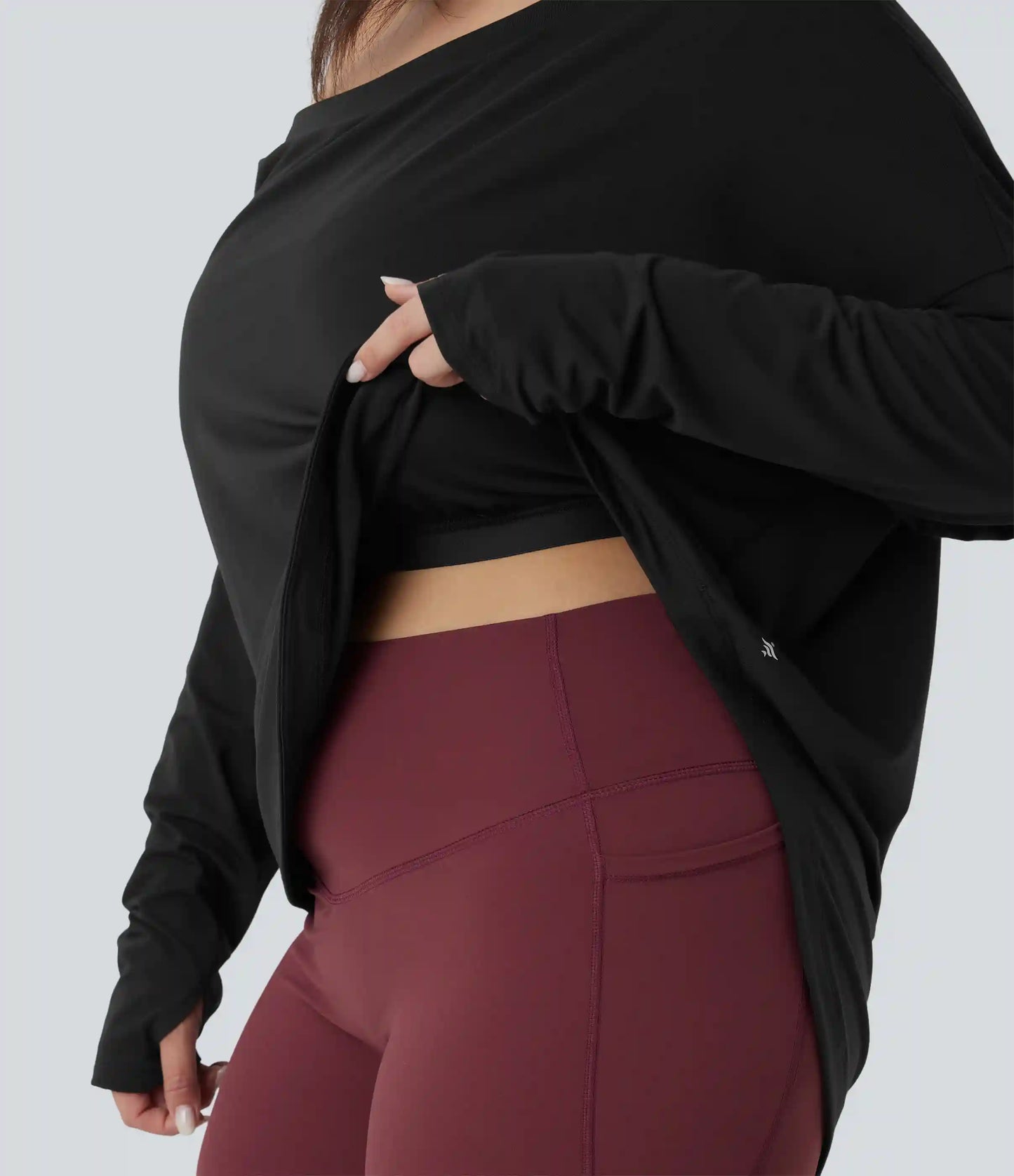 One Shoulder Long Sleeve Thumb Hole Curved Hem High Low Quick Dry Yoga Plus Size Sports Top-Built-in Bra