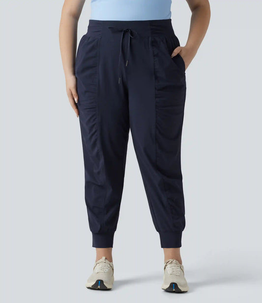 Plus Size High Waisted Drawstring Ruched Tapered Quick Dry InstantCool Dance Joggers with Pockets-UPF40+