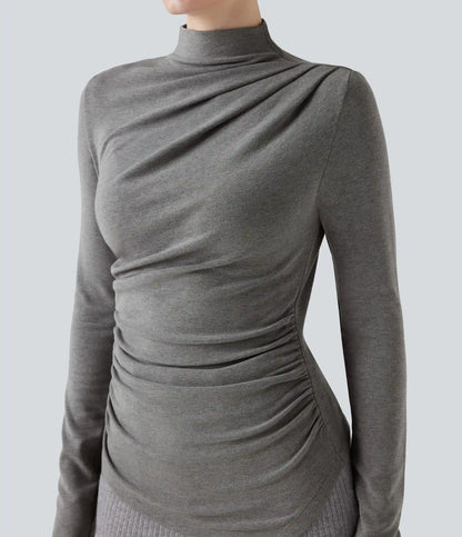 Mock-neck Long Sleeve Ruched Asymmetric Hem Thermal Casual Top
