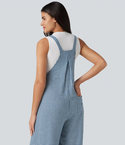 Plaid Casual Linen-Feel Overalls with Pockets