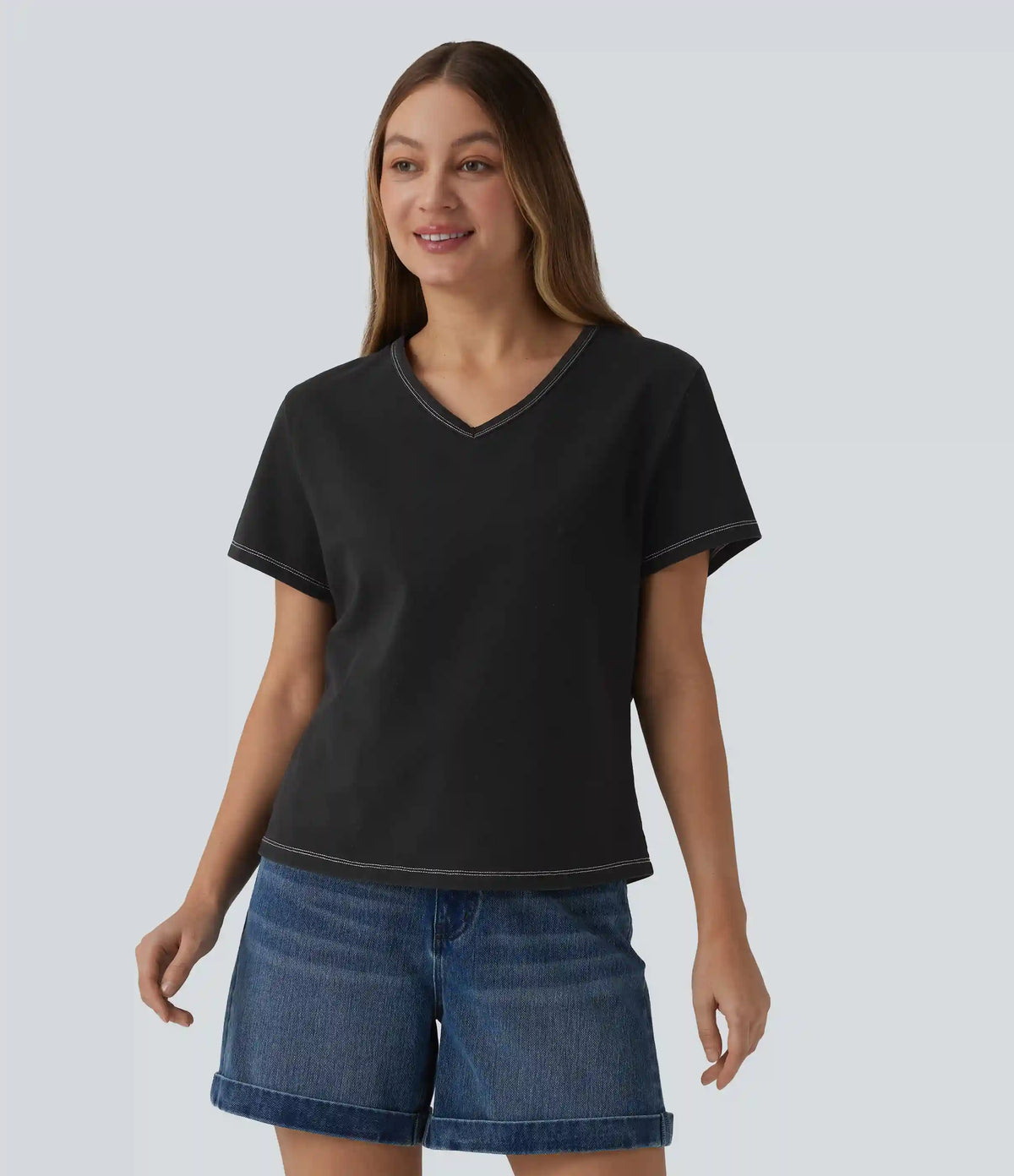 Halara Flex™ V Neck Short Sleeve Denim Casual T-Shirt