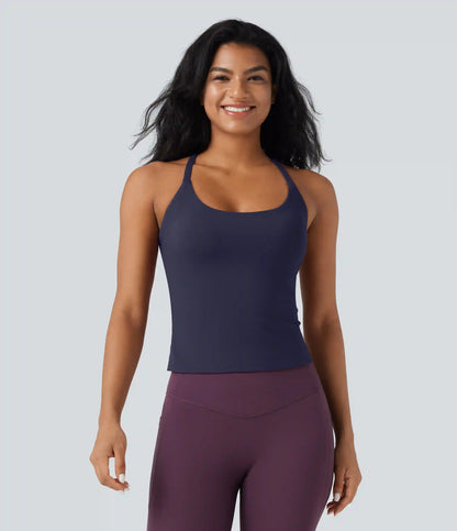 Scoop Neck Crisscross Back Crossover Hem Yoga Cami Top