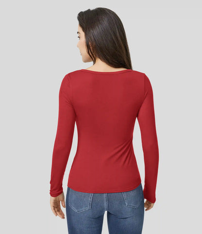 Ribbed Henley Neck Long Sleeve Slim Casual T-Shirt