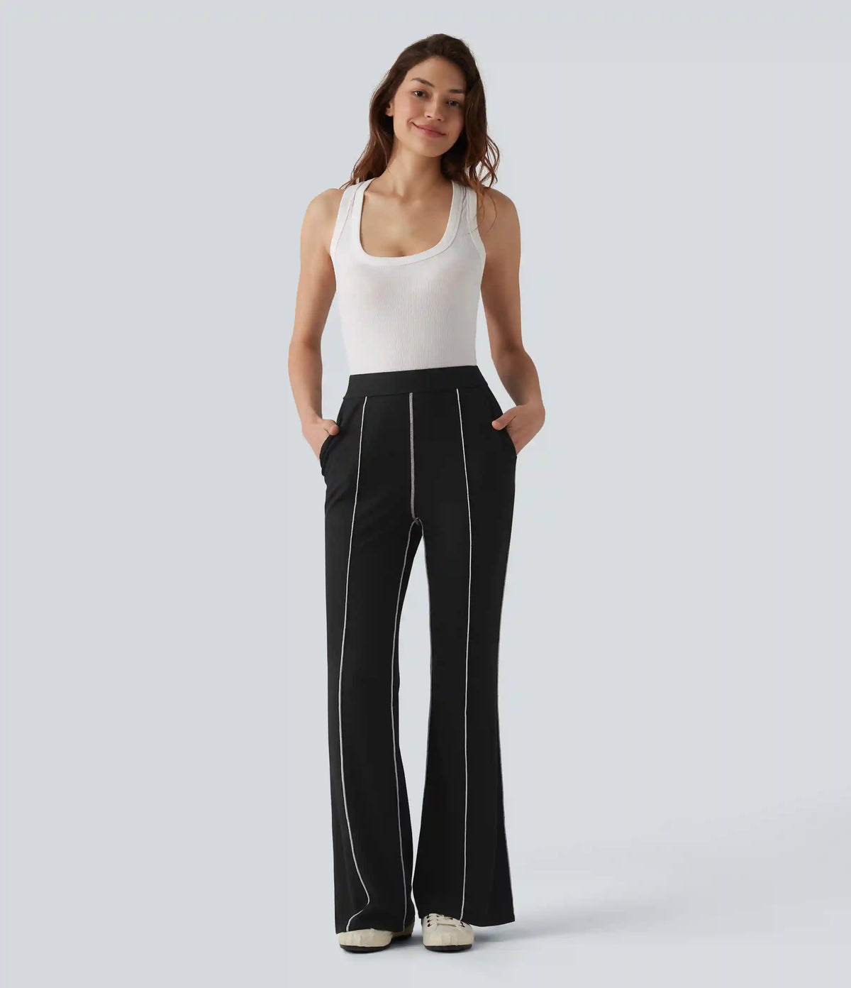 High Stretch Ribbed Knit High Waisted Color Block Top-stitching Casual Flare Leggings with Pockets