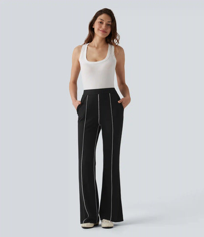 High Stretch Ribbed Knit High Waisted Color Block Top-stitching Casual Flare Leggings with Pockets