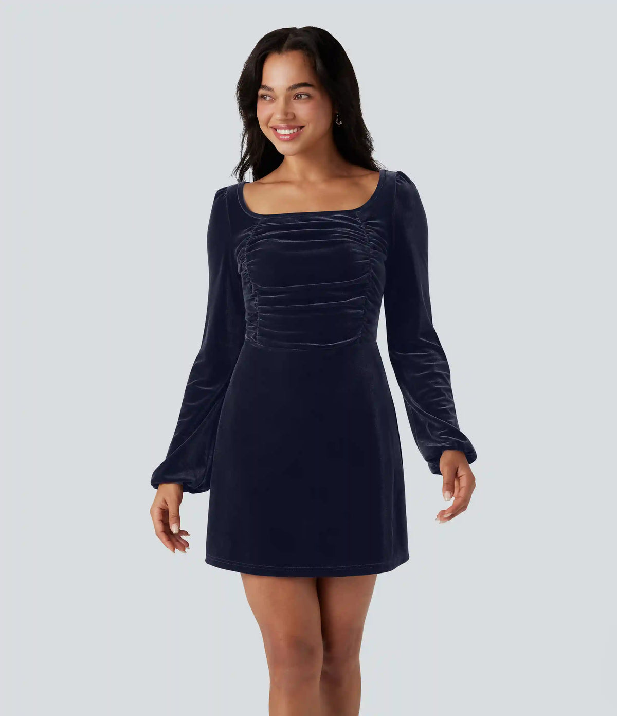 Square Neck Long Sleeve Ruched Velvet Mini Dress