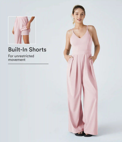V-Neck Backless Invisible Zipper 2-in-1 Casual Slip Baggy Jumpsuit with Pockets
