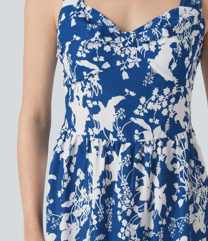 Sweetheart Neck Sleeveless Lace Up Floral Print Mini Dress