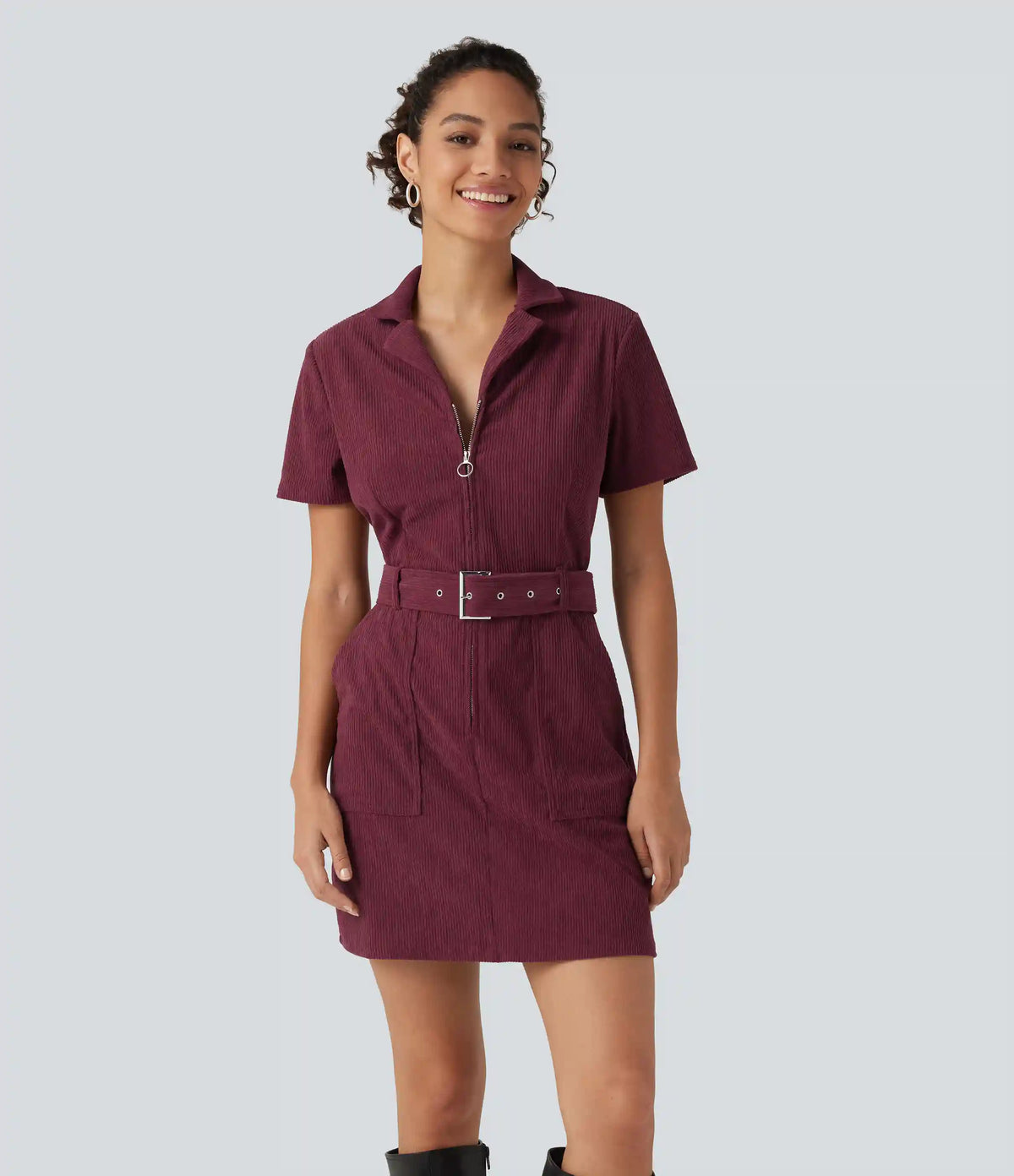 Short Sleeve Belted Corduroy Mini Casual Dress with Pockets