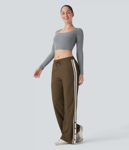 Low Rise Drawstring Color Block Snap Waffle Casual Wide Leg Pants with Pockets