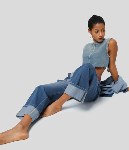 Halara Flex™ High Waisted Pockets Rolled Hem Wide Leg Washed Casual Jeans