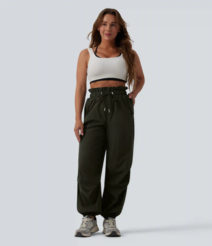 High Waisted Drawstring Parachute Workout Joggers with Pockets
