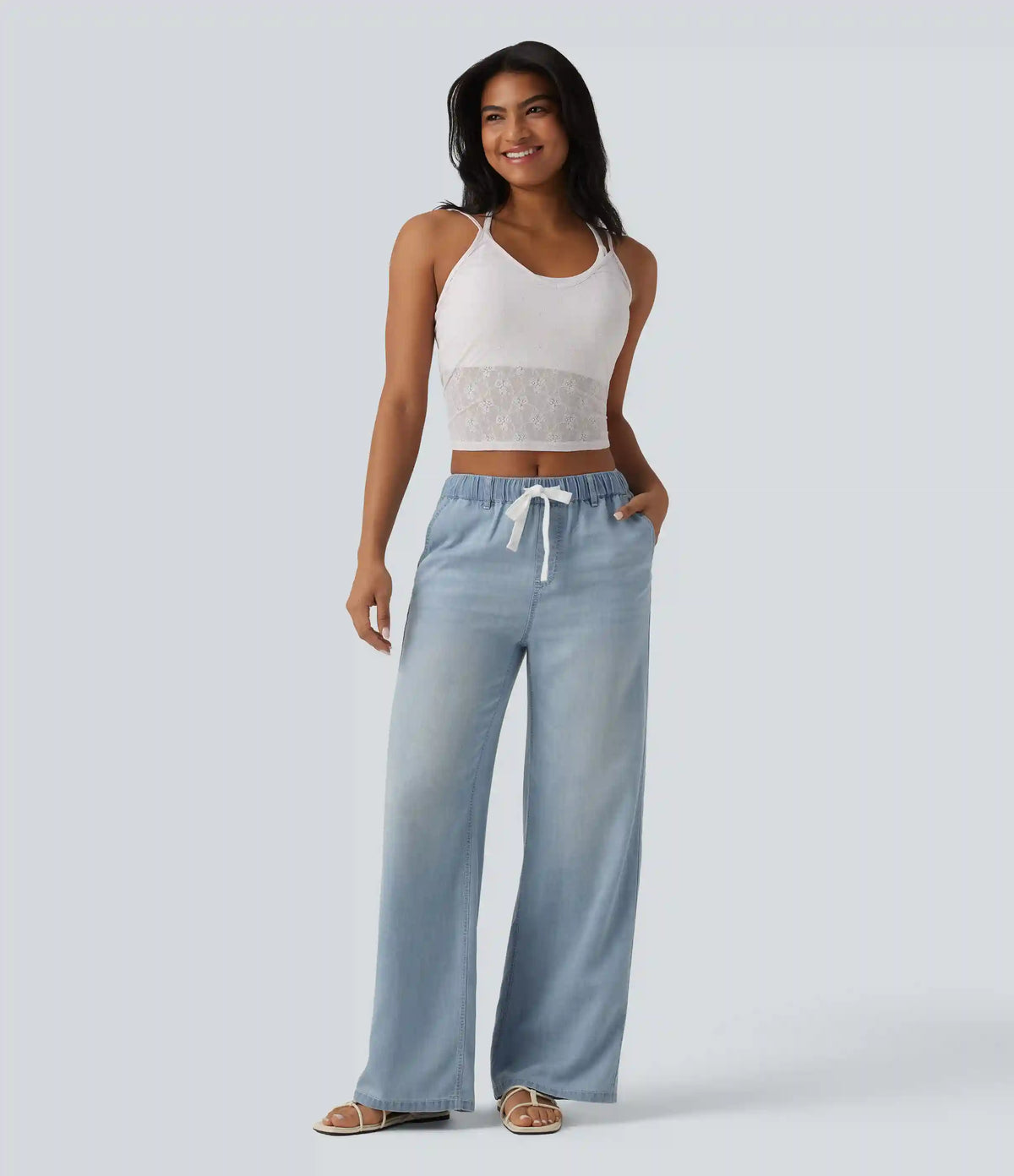 Mid Rise Drawstring Casual Jeans with Pockets