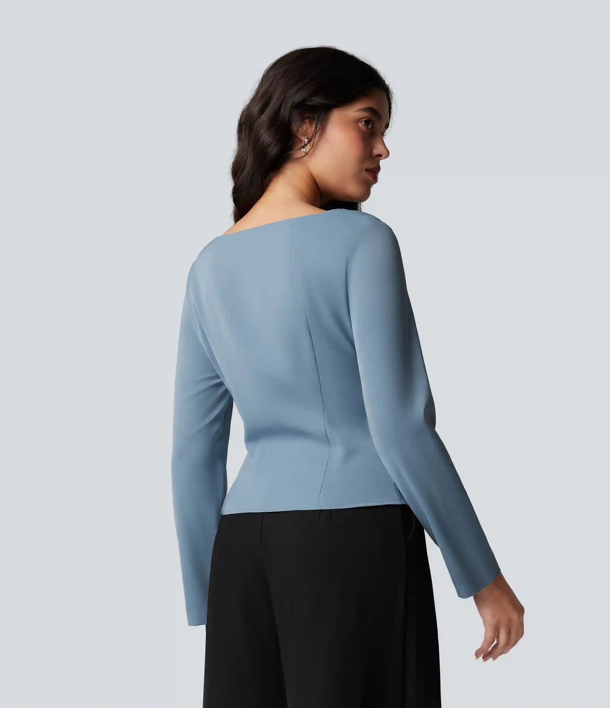Wrinkle Recovery Boat Neck Long Sleeve Ruched Tie Work Blouse