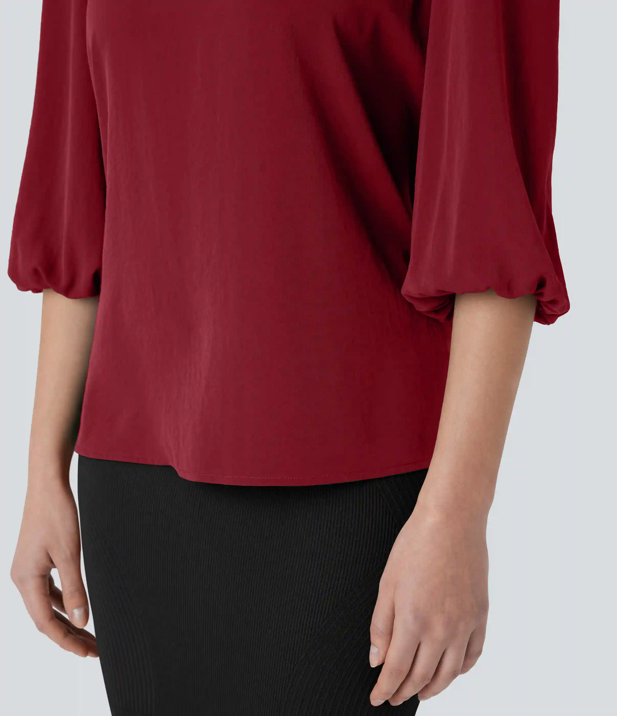 Boat Neck Keyhole Back Bishop Sleeve Work Linen-Feel Blouse