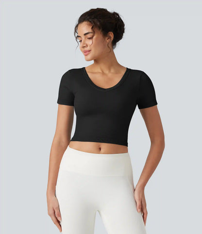 OneForm Seamless Flow V Neck Short Sleeve Built-in Bra Cropped Yoga Sports Top