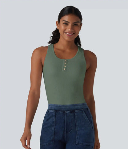 Ribbed Knit Round Neck Built-in Bra Casual Tank Top
