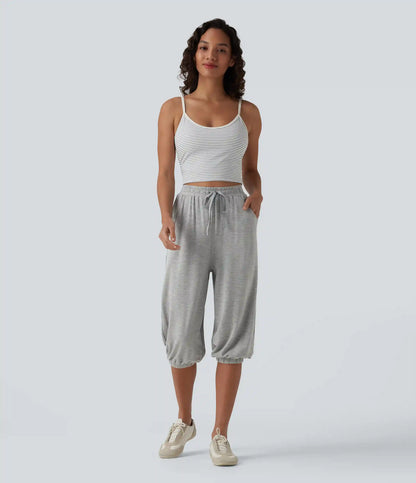 High Waisted Drawstring Capri Casual Joggers with Pockets