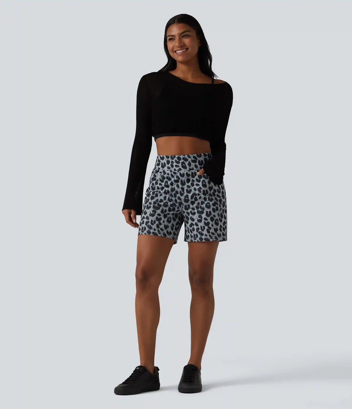 High Waisted Leopard Waffle Casual Baggy Shorts 5'' with Pockets