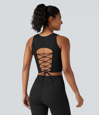 OneForm Seamless Flow V Neck Built-in Bra Lace Up Cropped Yoga Tank Top