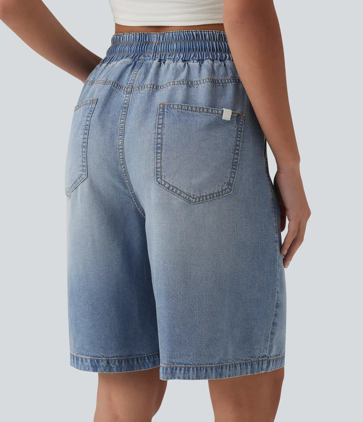 High Waisted Drawstring Denim Casual Bermuda Shorts 9'' with Pockets