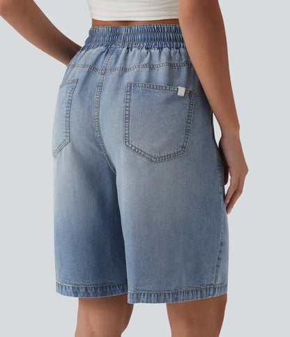 High Waisted Drawstring Denim Casual Bermuda Shorts 9'' with Pockets