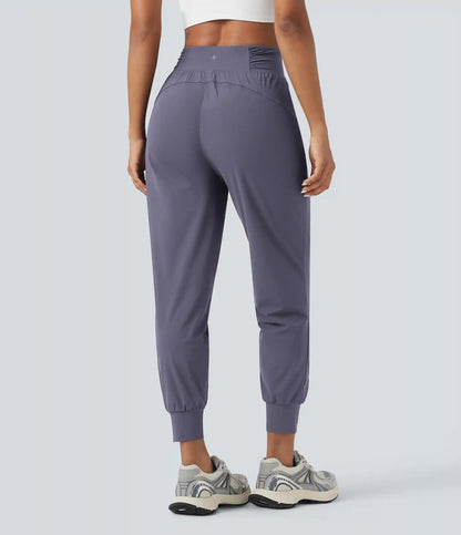 High Waisted Drawstring Ruched Tapered Quick Dry Cool Touch Dance Joggers with Pockets-UPF40+