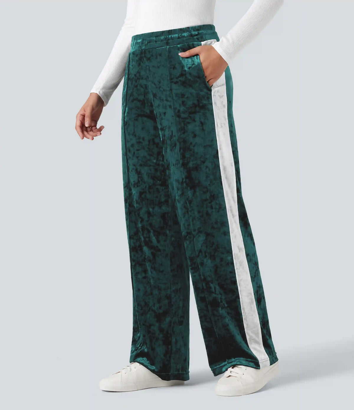 Mid Rise Drawstring Color Block Velvet Casual Straight Leg Pants with Pockets