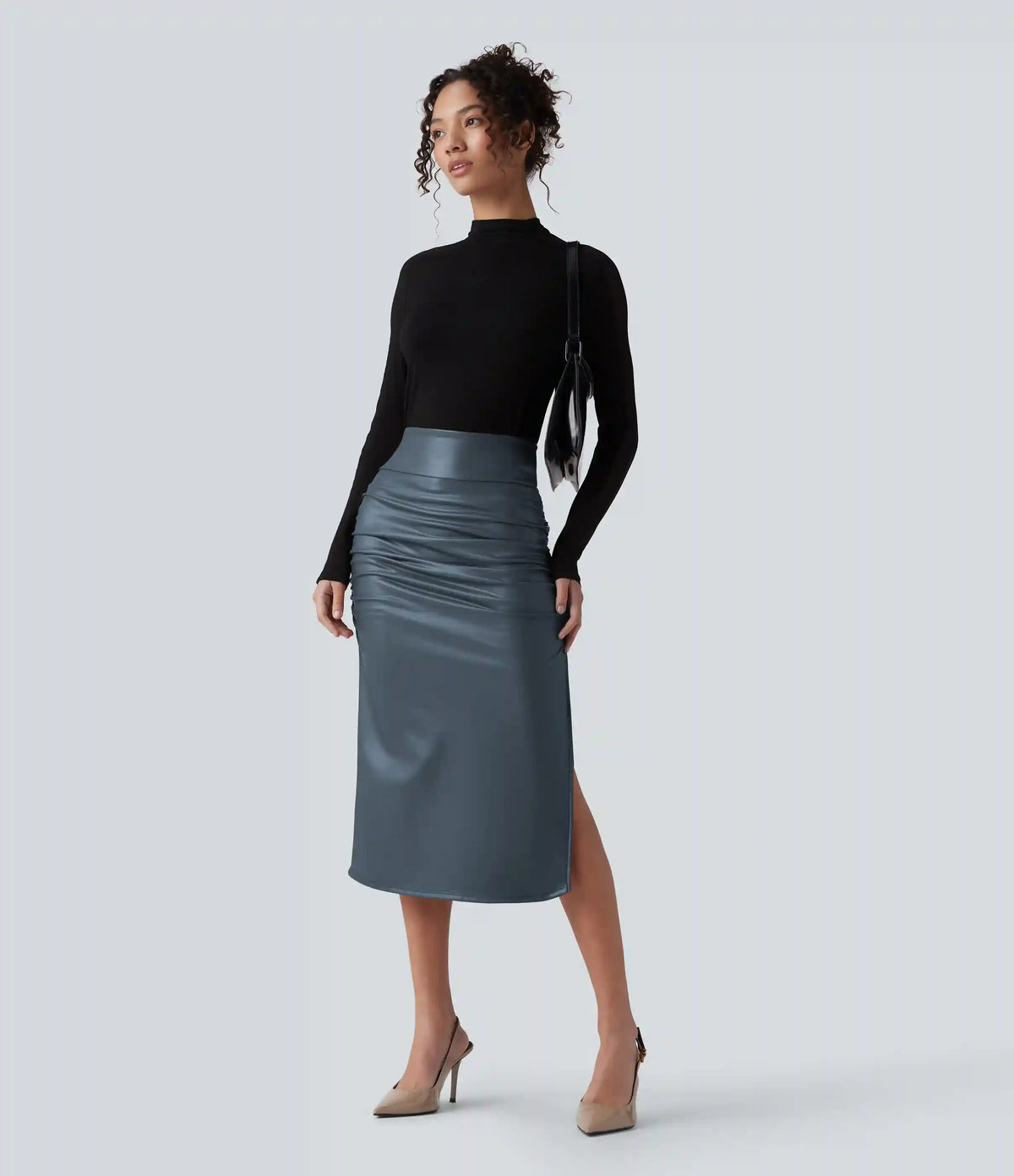 High Waisted Tummy Control Ruched Curved Hem 2-in-1 Fleece PU Midi Casual Skirt