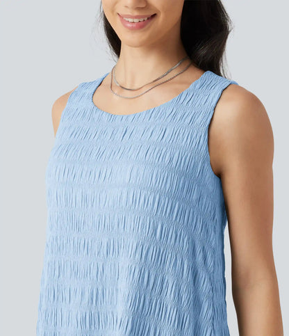 Round Neck Built-in Bra Sleeveless Ruffle Hem Mini Casual Dress DD-F Cups