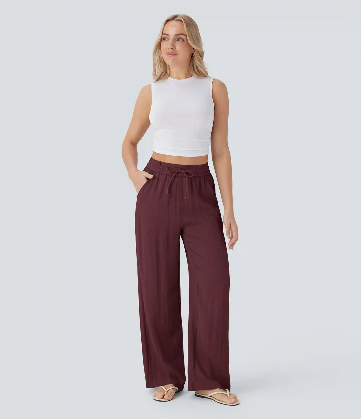 High Waisted Drawstring Pocket Wide Leg Baggy Casual Linen-Feel Pants