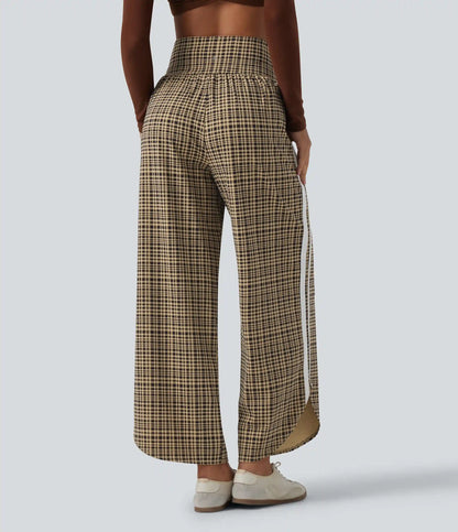 High Waisted Tummy Control Plaid Wide Leg Running Pants with Pockets