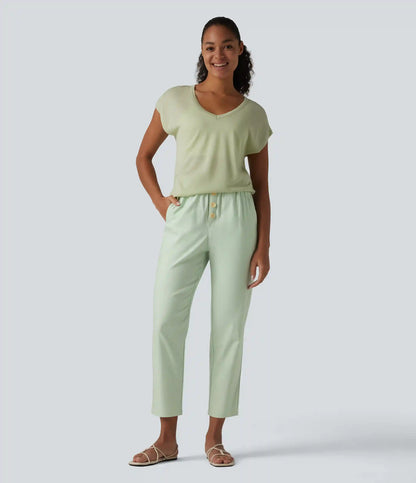 High Waisted Tapered Casual Cotton Linen Pants with Pockets
