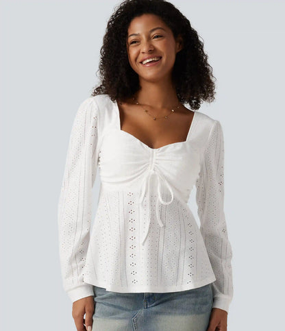 Sweetheart Neck Long Sleeve Lace Up Built-in Bra Eyelet Casual Top