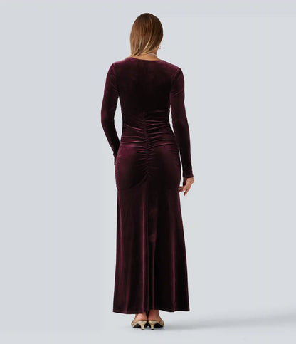 V Neck Long Sleeve Ruched Bodycon Velvet Party Maxi Dress