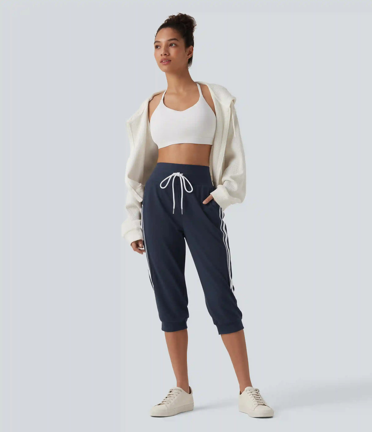 High Waisted Drawstring Stripe Capri Casual Joggers with Pockets