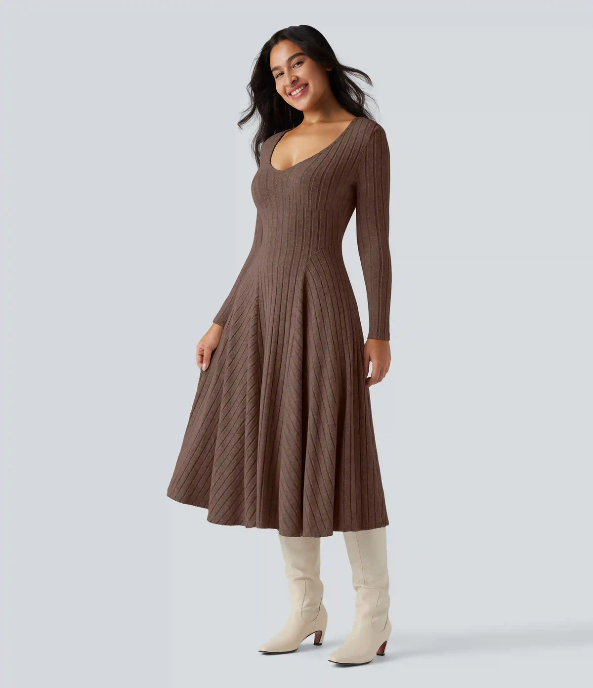 Ribbed Knit V Neck Long Sleeve Flare Midi Casual Dress