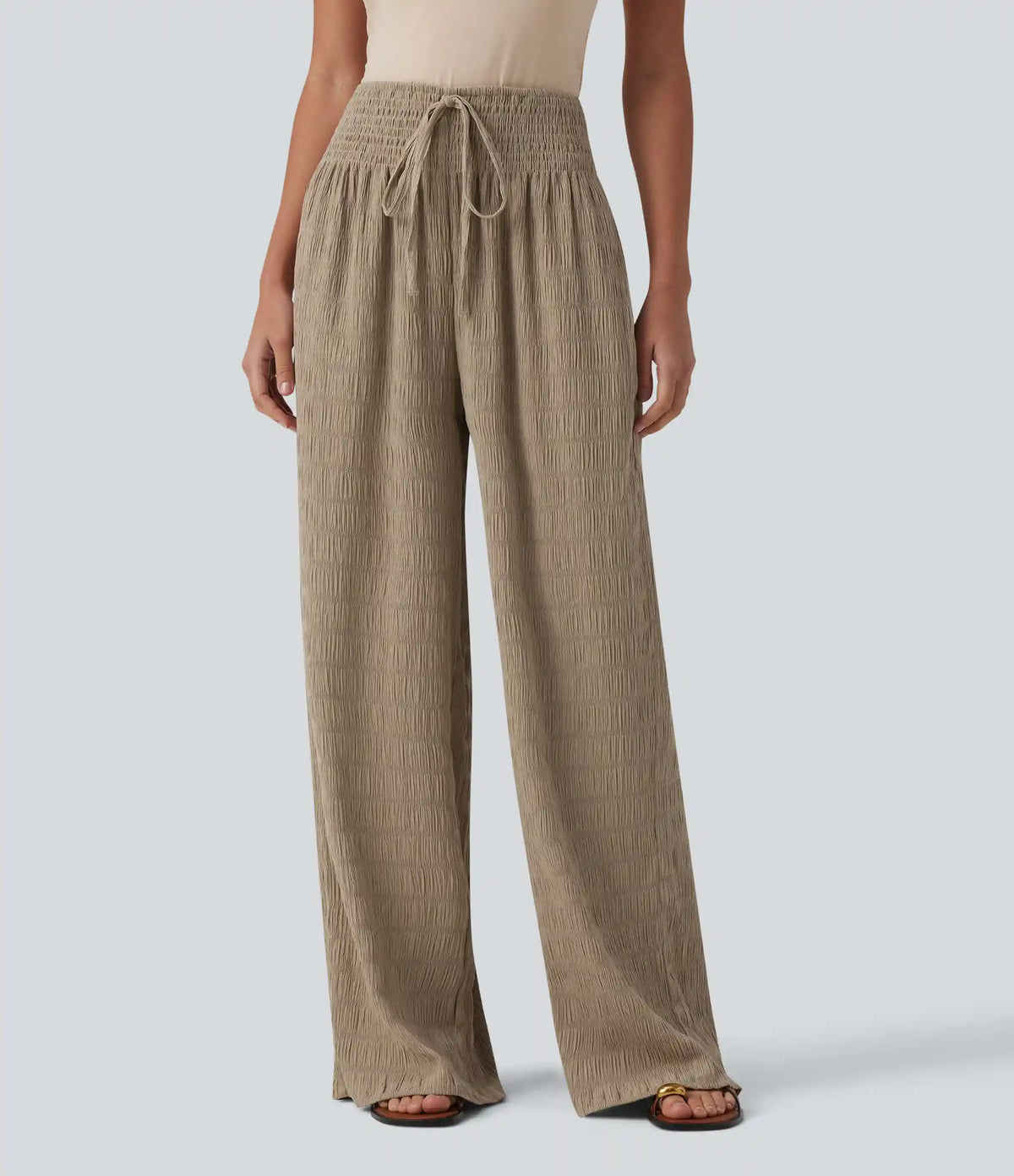 Mid Rise Drawstring Texture Resort Baggy Pants with Pockets