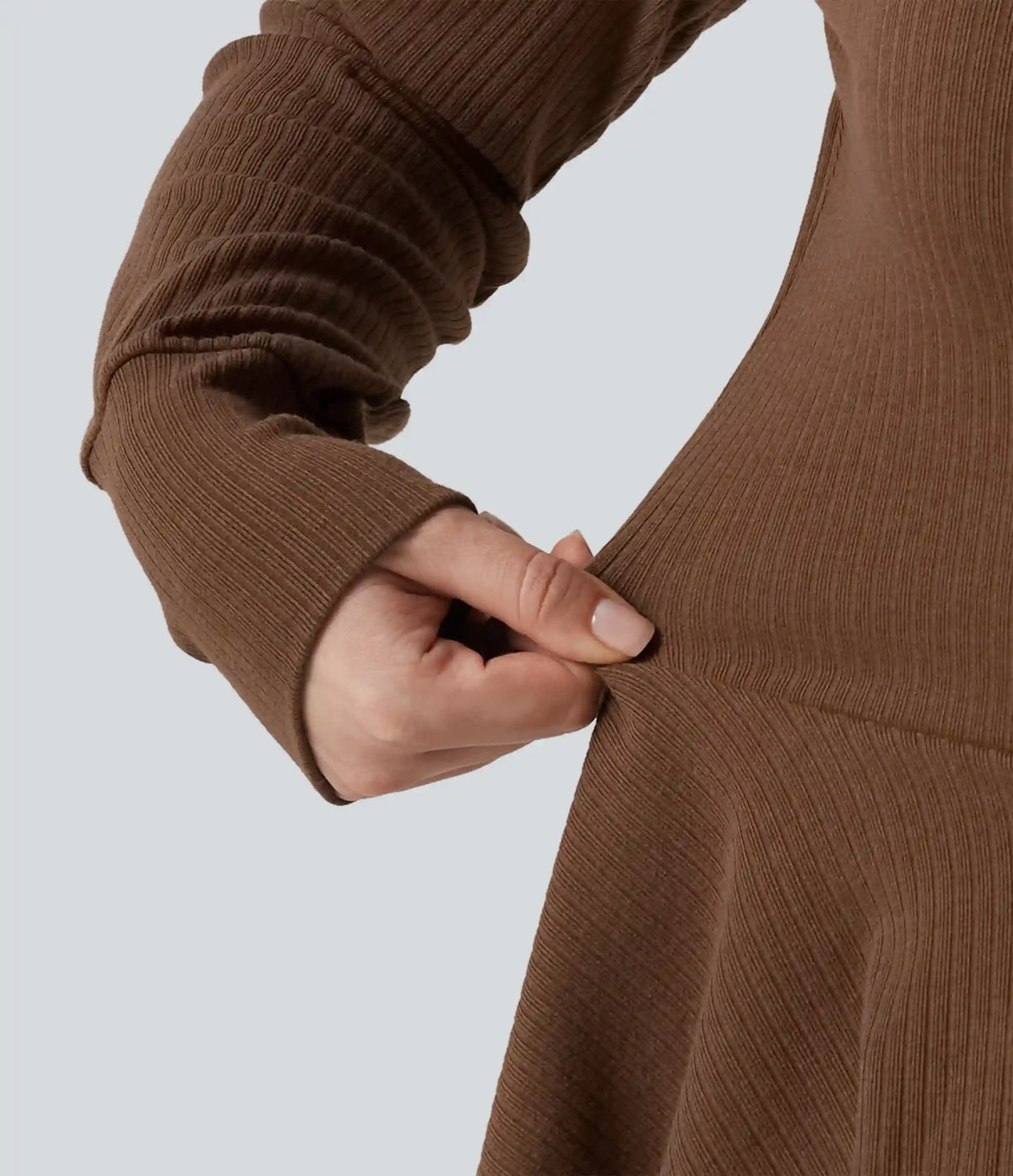 Ribbed Knit Mock Neck Long Sleeve Slim Ruffle Hem Casual Top