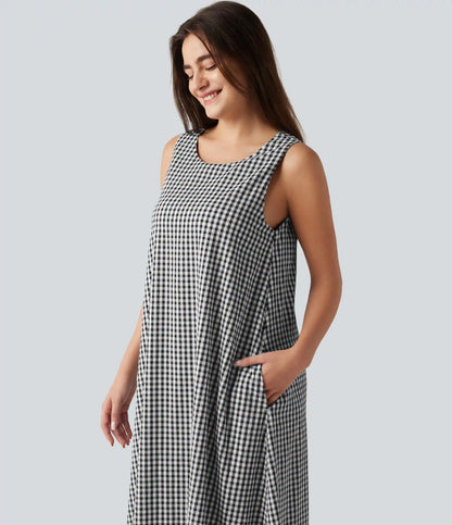 Round Neck Sleeveless Built-in Bra Midi Crinkle Gingham Casual Tank Dress with Pockets