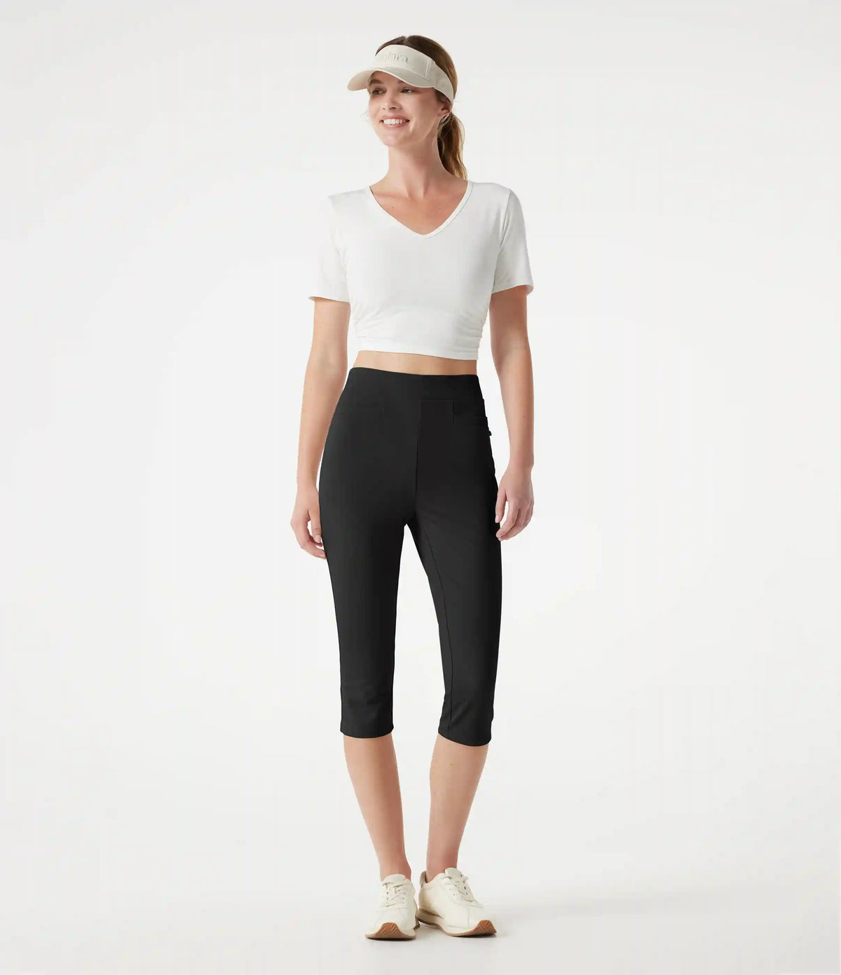 High-waisted Slim Herringbone Golf Capri Pants with Pockets