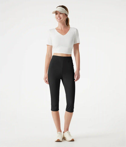High-waisted Slim Herringbone Golf Capri Pants with Pockets