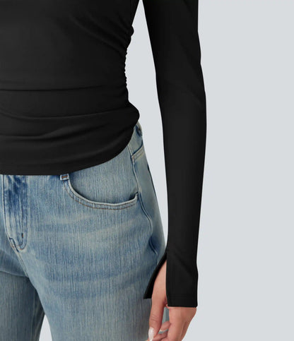 Square Neck Split Long Sleeve Ruched Slim Casual Top