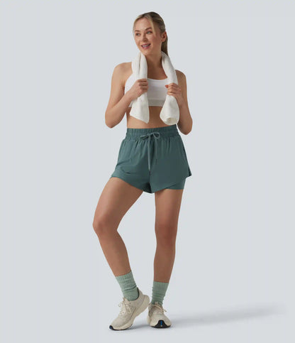 High Waisted Drawstring 2-in-1 Running Shorts with Pockets