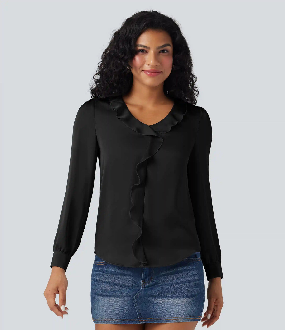 Ruffle Trim V-neck Long Sleeve Casual Satin Shirt